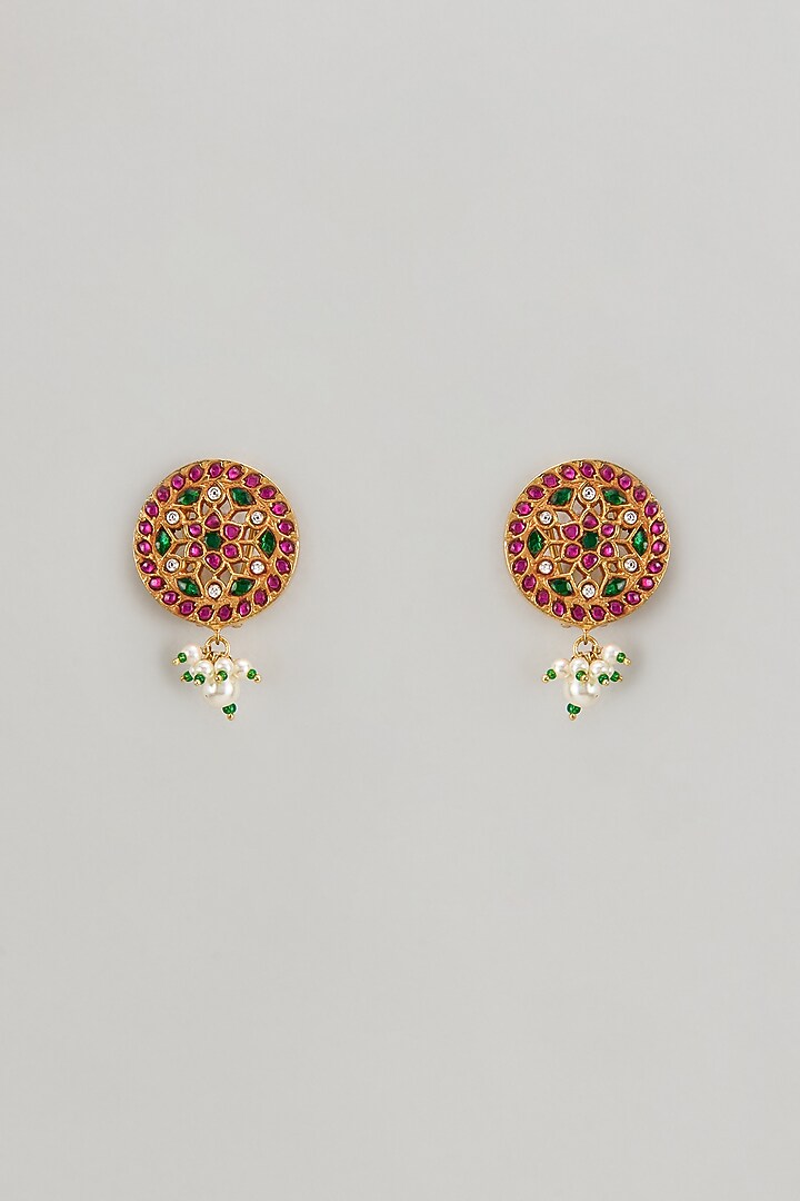 Gold Finish Freshwater Pearl & Semi-Precious Stone Stud Earrings In Sterling Silver by HALKI FULKI at Pernia's Pop Up Shop