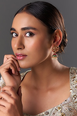 Gold Finish Freshwater Pearl & Semi-Precious Stone Dangler Earrings In Sterling Silver by HALKI FULKI