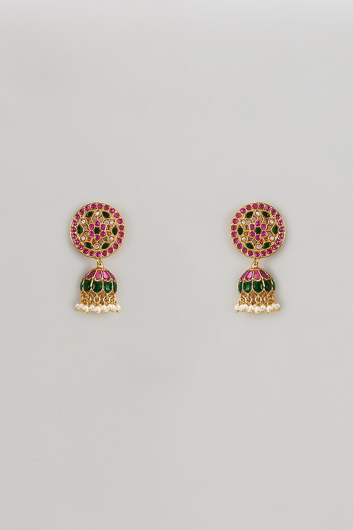 Gold Finish Freshwater Pearl & Semi-Precious Stone Dangler Earrings In Sterling Silver by HALKI FULKI at Pernia's Pop Up Shop