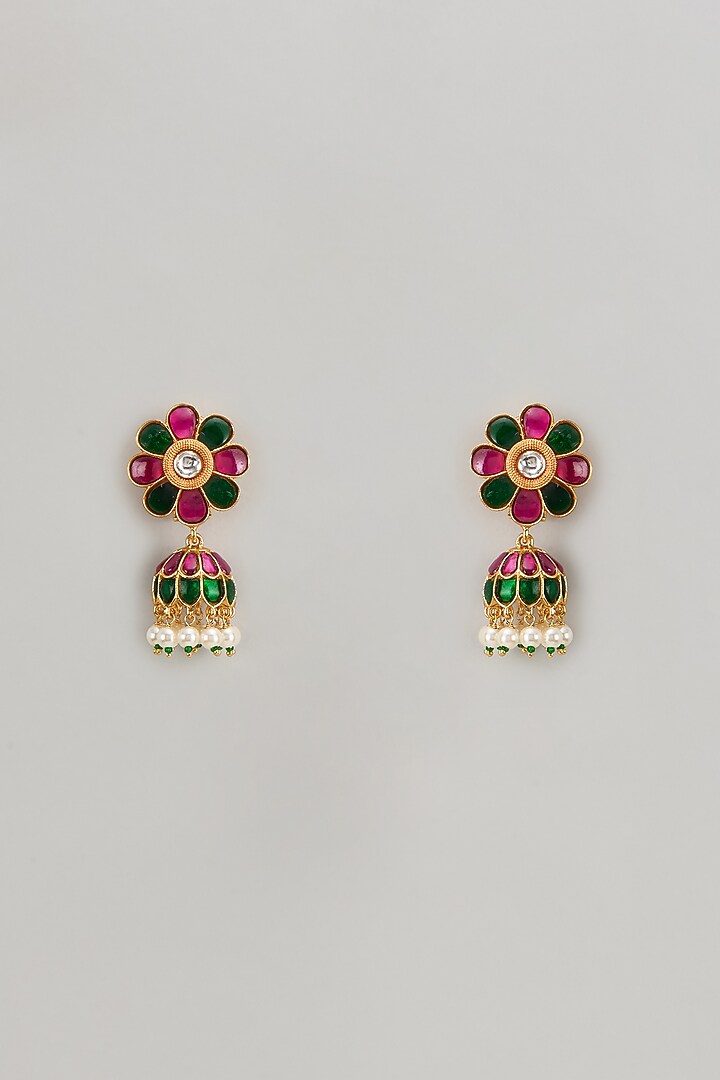Gold Finish Freshwater Pearl & Semi-Precious Stone Dangler Earrings In Sterling Silver by HALKI FULKI at Pernia's Pop Up Shop