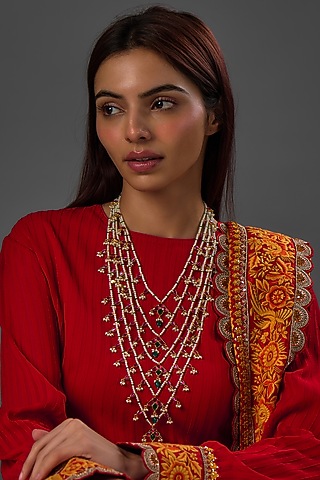 Gold Finish Freshwater Pearl & Semi-Precious Stone Layered Necklace In Sterling Silver by HALKI FULKI