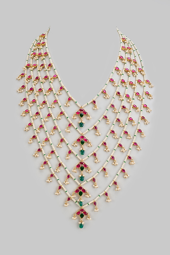 Gold Finish Freshwater Pearl & Semi-Precious Stone Layered Necklace In Sterling Silver by HALKI FULKI at Pernia's Pop Up Shop