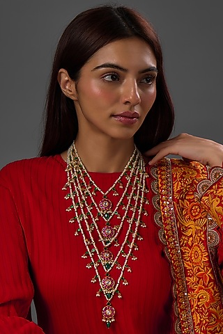 Gold Finish Freshwater Pearl & Semi-Precious Stone Layered Necklace In Sterling Silver by HALKI FULKI