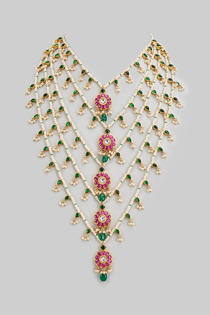 Gold Finish Freshwater Pearl & Semi-Precious Stone Layered Necklace In Sterling Silver by HALKI FULKI at Pernia's Pop Up Shop