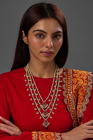 Gold Finish Freshwater Pearl & Semi-Precious Stone Layered Necklace In Sterling Silver by HALKI FULKI