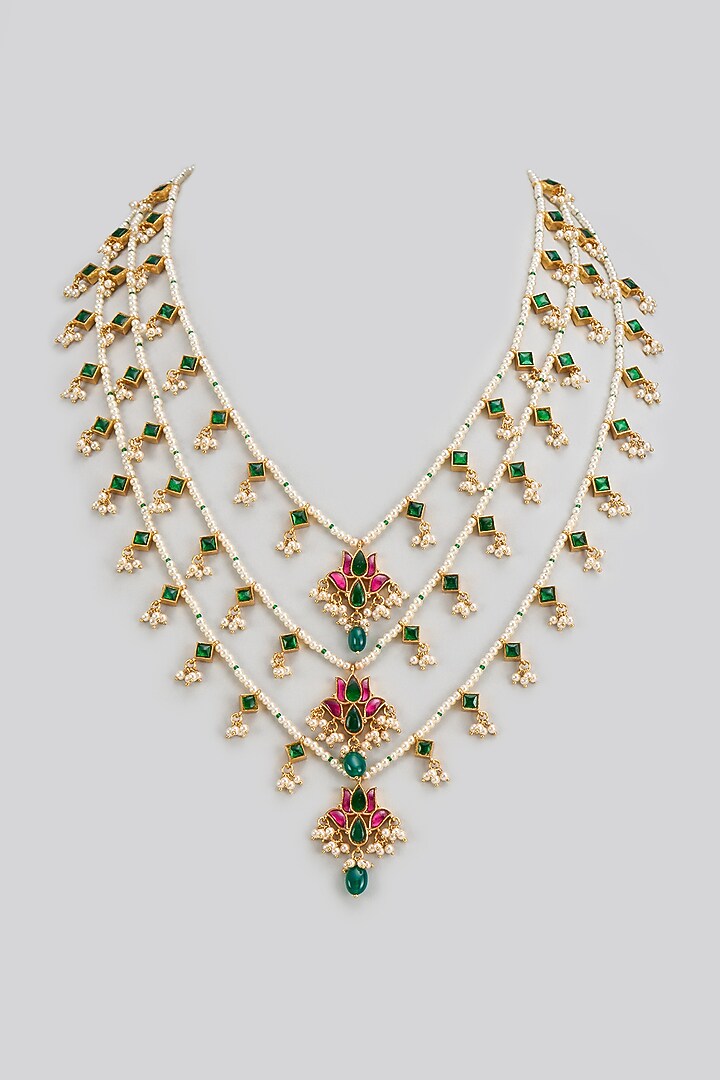 Gold Finish Freshwater Pearl & Semi-Precious Stone Layered Necklace In Sterling Silver by HALKI FULKI at Pernia's Pop Up Shop