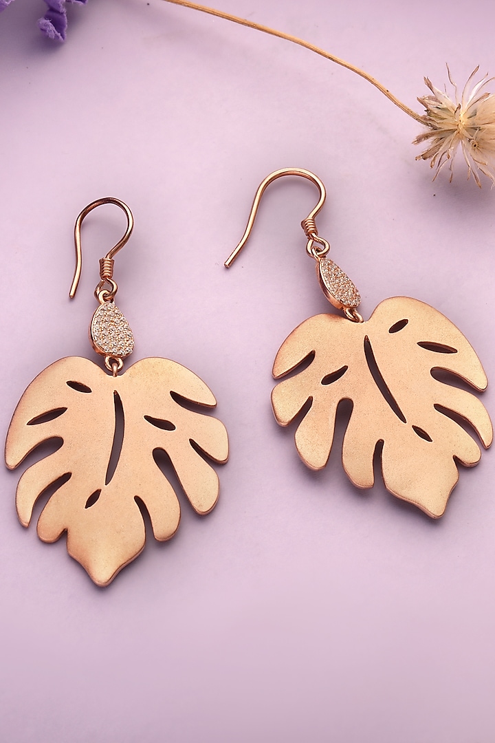 Rose Gold Finish Cubic Zirconia Leaf Dangler Earrings In Sterling Silver by HALKI FULKI at Pernia's Pop Up Shop