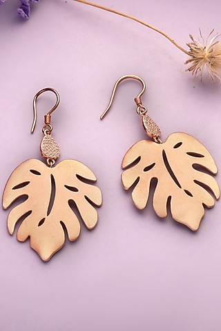 Rose Gold Finish Cubic Zirconia Leaf Dangler Earrings In Sterling Silver by HALKI FULKI