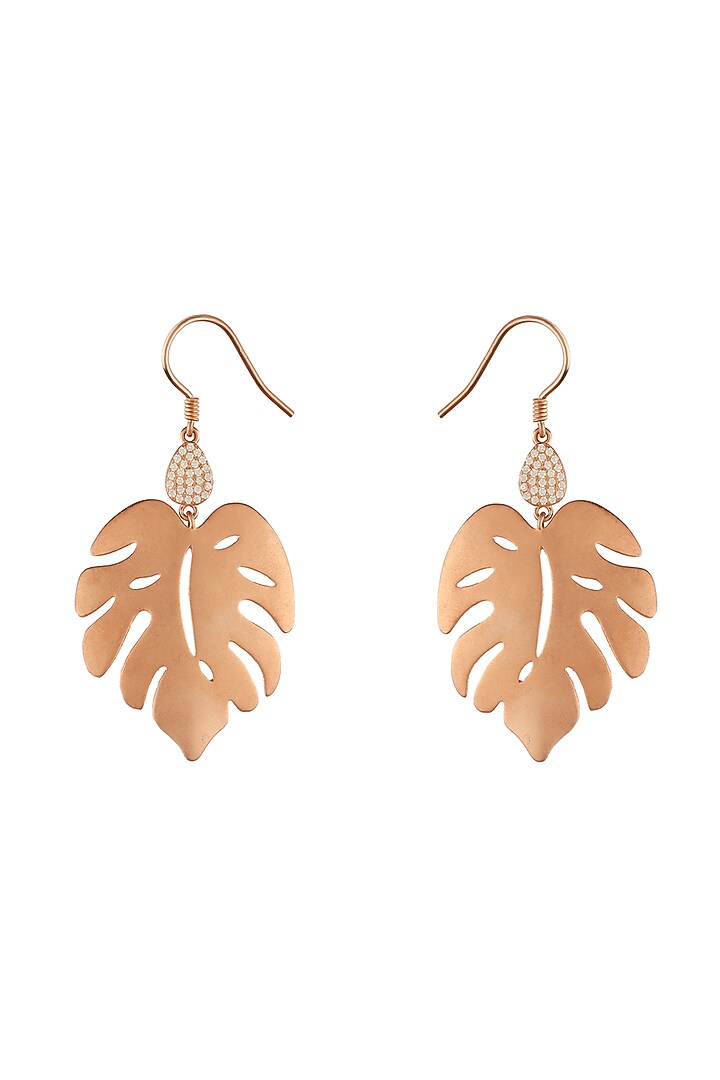 Rose Gold Finish Cubic Zirconia Leaf Dangler Earrings In Sterling Silver by HALKI FULKI at Pernia's Pop Up Shop