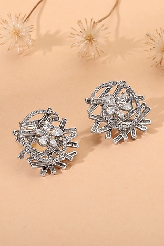 White Finish Cubic Zirconia Stud Earrings In Sterling Silver by HALKI FULKI