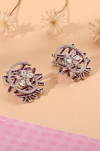 White Finish Cubic Zirconia Stud Earrings In Sterling Silver by HALKI FULKI