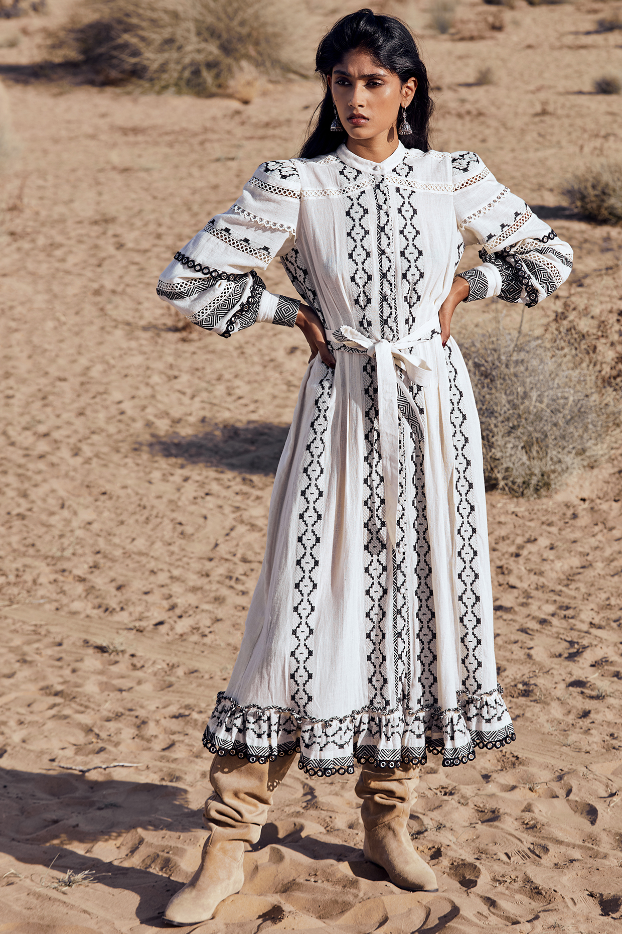 White Printed Shirt Vacation Dress by Hemant and Nandita at Pernia's Pop Up Shop