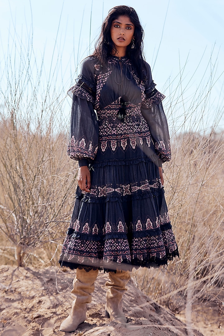 Dark Navy Blue Printed Maxi Vacation Dress by Hemant and Nandita at Pernia's Pop Up Shop