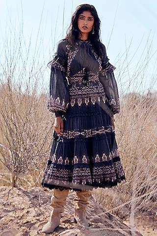 Dark Navy Blue Printed Maxi Dress by Hemant and Nandita