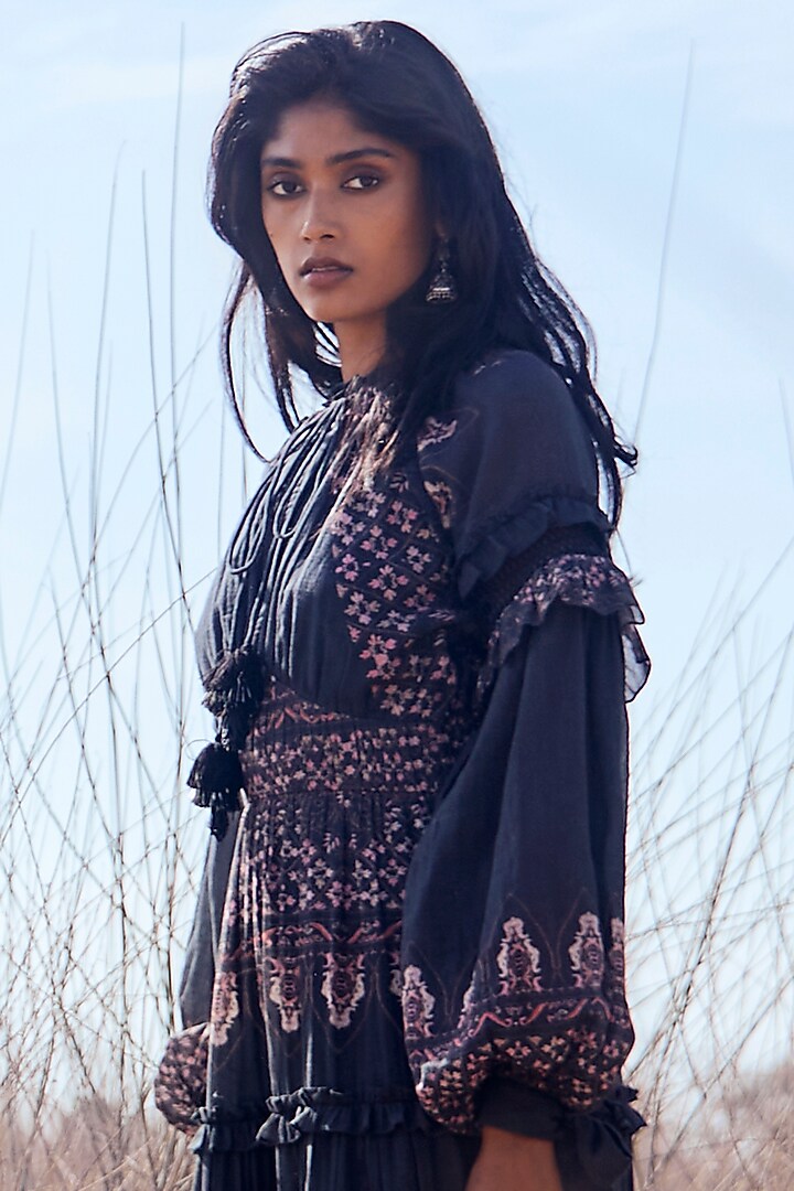 Dark Navy Blue Printed Maxi Vacation Dress by Hemant and Nandita at Pernia's Pop Up Shop