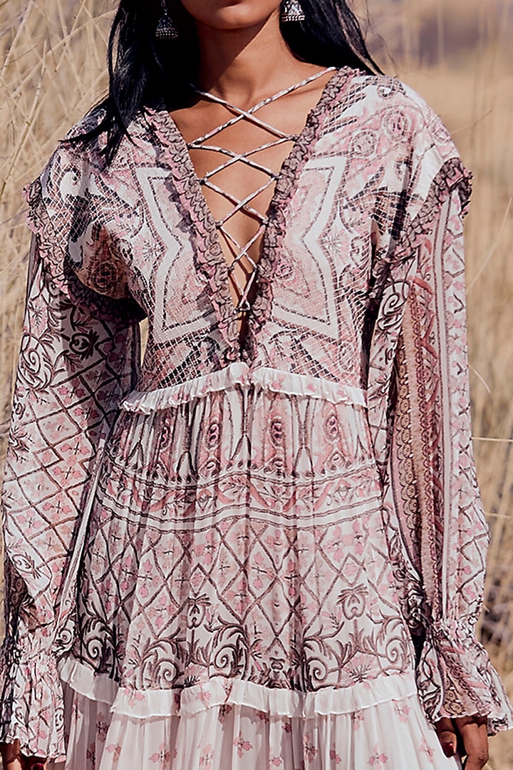 Pernia's Pop Up Shop - Hemant and Nandita Women White Crinkled Chiffon Geometric Printed Maxi Dress