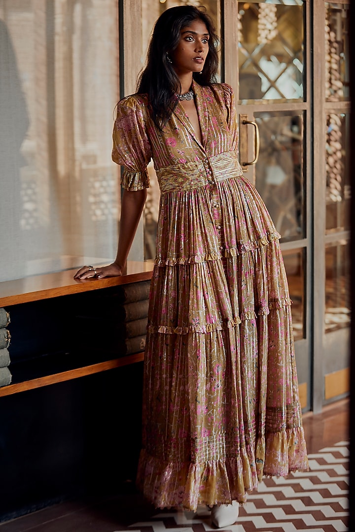 Beige Printed Ruched Maxi Dress by Hemant and Nandita
