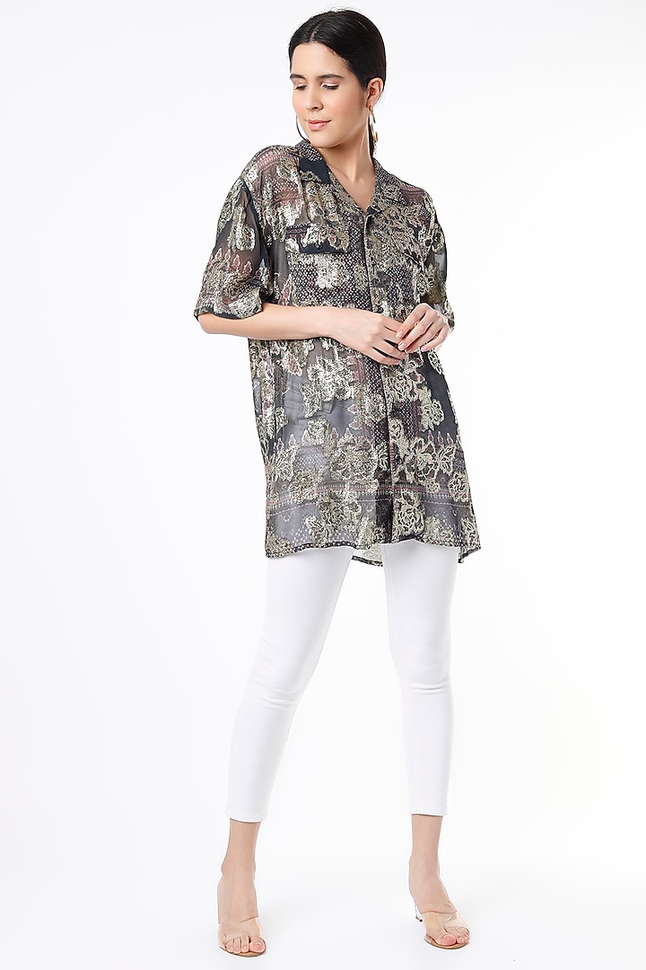 Black Floral Oversized Shirt by Hemant and Nandita