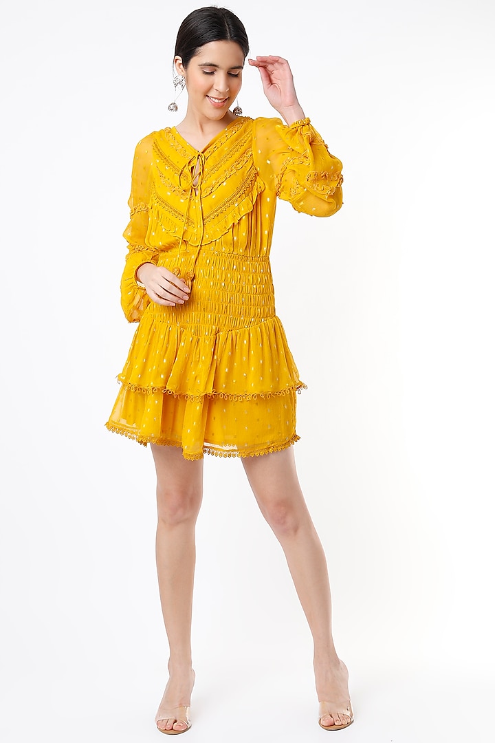 Yellow Lurex & Chiffon Dress by Hemant and Nandita