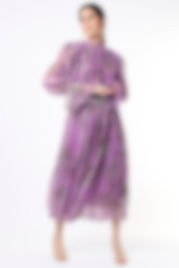 Mauve Printed & Pleated Maxi Dress by Hemant and Nandita at Pernia's Pop Up Shop