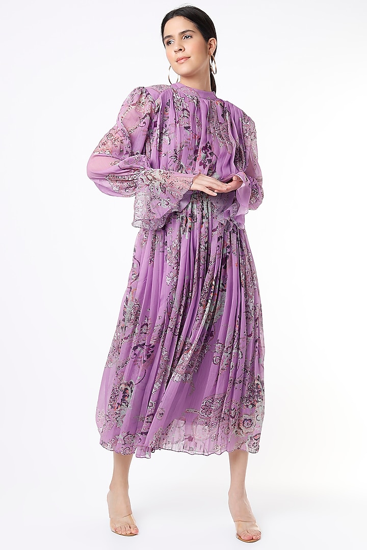 Mauve Printed & Pleated Maxi Dress by Hemant and Nandita