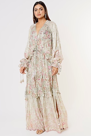 Pale Mint Printed Kaftan by Hemant and Nandita