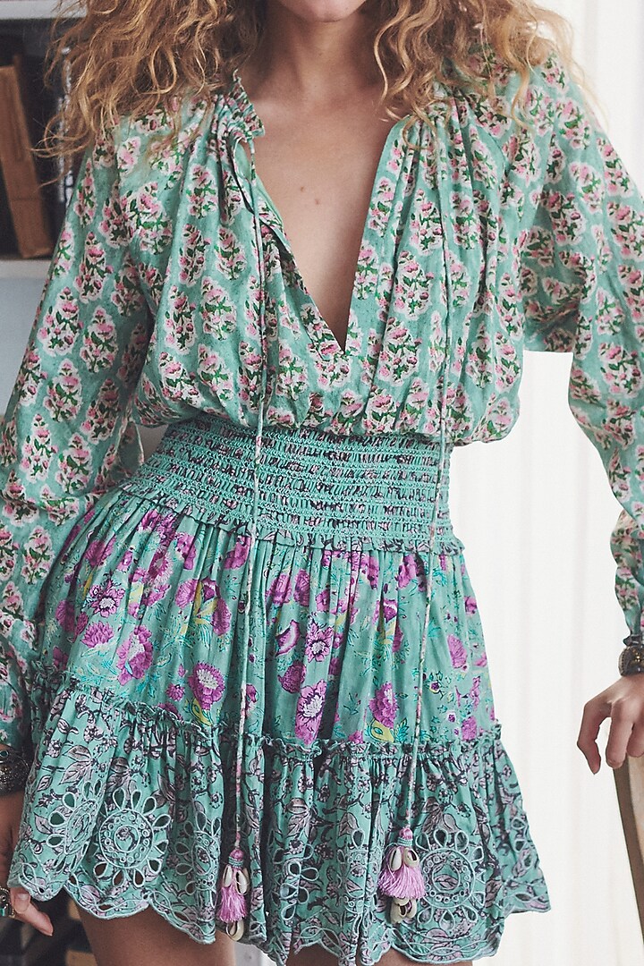 Mint Macron Blue Smocked Mini Vacation Dress by Hemant And Nandita at Pernia's Pop Up Shop