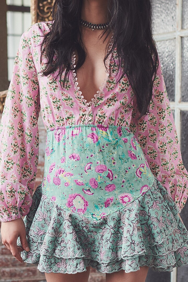 Mint Macron & Orchid Pink Mini Cocktail Dress by Hemant And Nandita at Pernia's Pop Up Shop