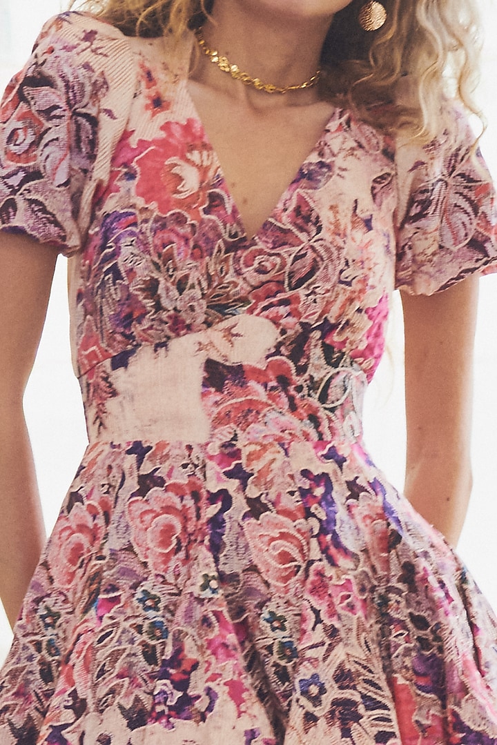 Salmon Pink Printed Mini Cocktail Dress by Hemant And Nandita at Pernia's Pop Up Shop