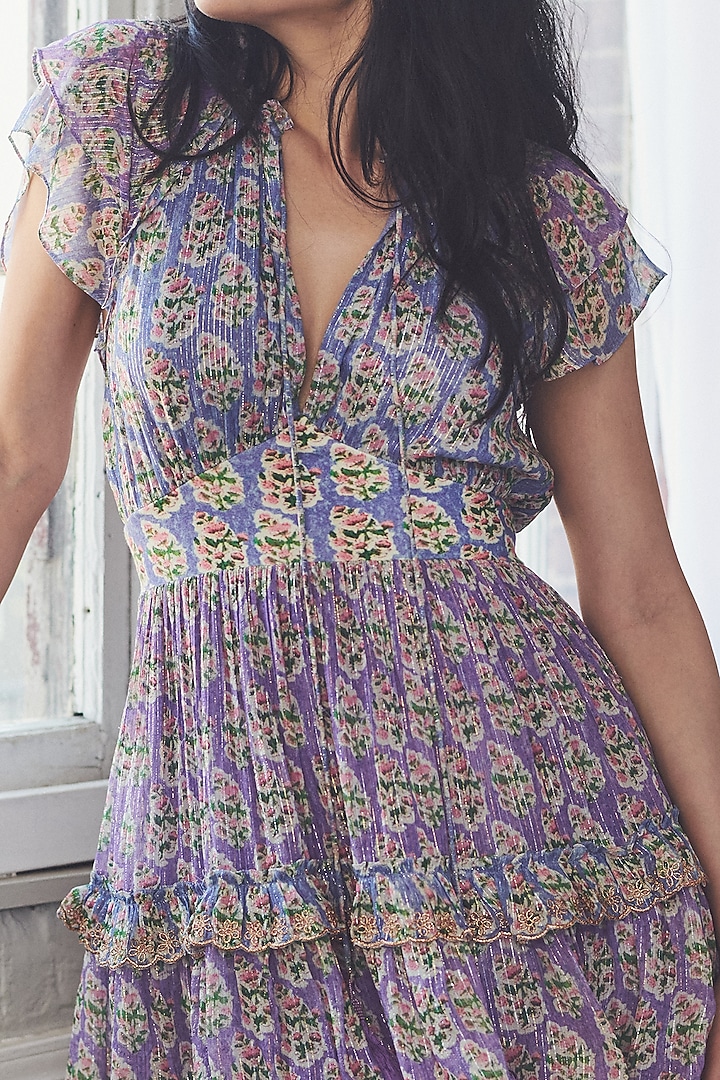 Cornflower and Purple Printed Mini Vacation Dress by Hemant And Nandita at Pernia's Pop Up Shop