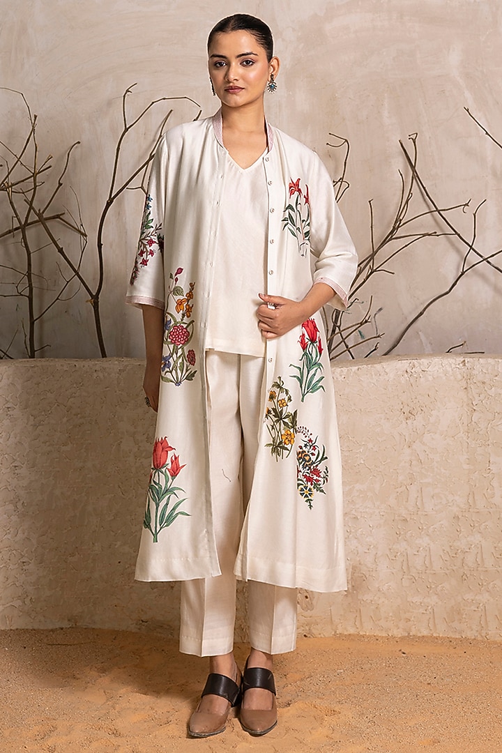 Ivory Silk Chanderi Floral Digital Printed Tunic Set by Haute Mess at Pernia's Pop Up Shop