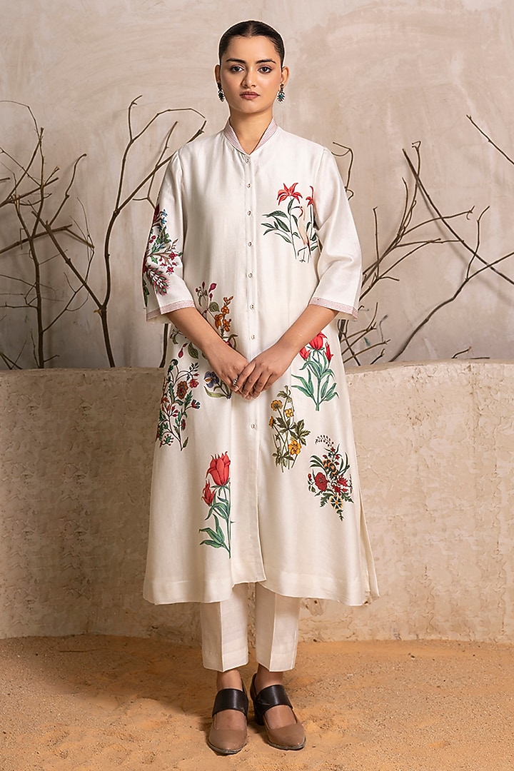 Ivory Silk Chanderi Floral Digital Printed Tunic Set by Haute Mess at Pernia's Pop Up Shop