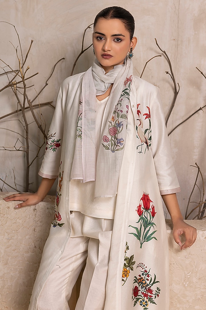 Ivory Silk Chanderi Floral Digital Printed Tunic Set by Haute Mess at Pernia's Pop Up Shop