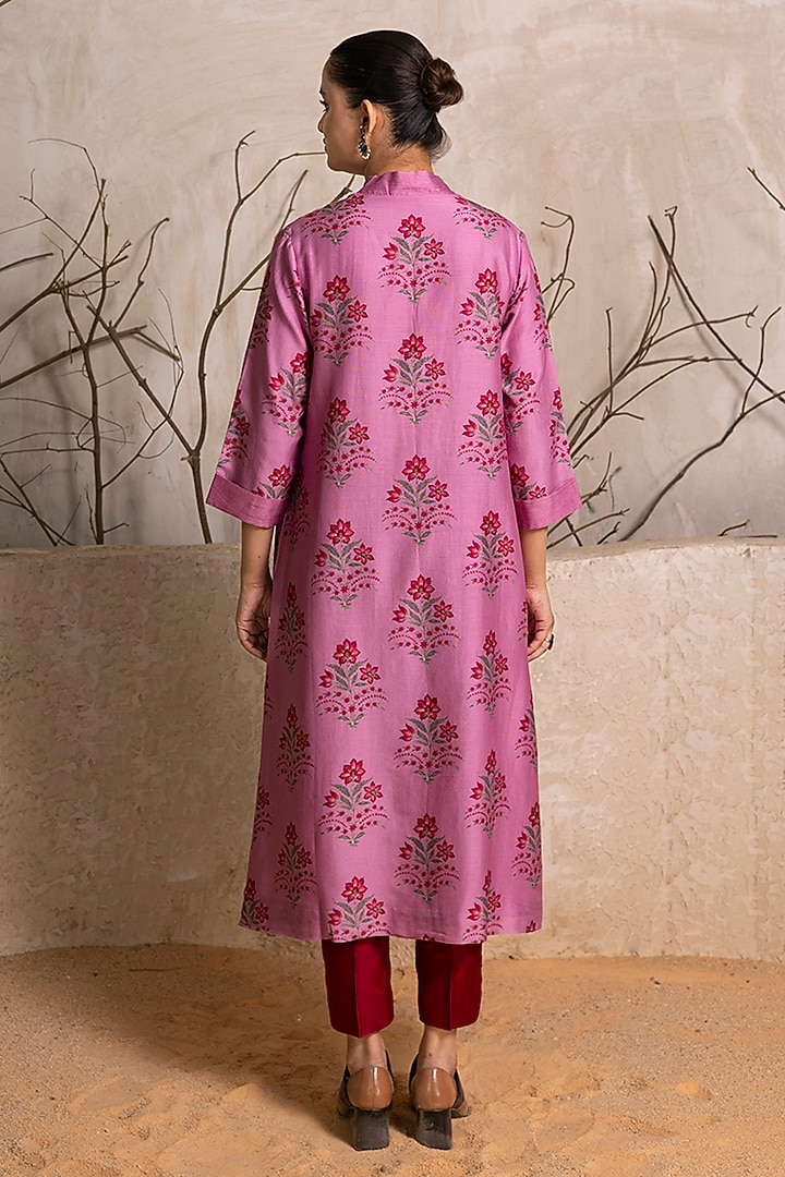Salmon Pink Silk Chanderi Floral Digital Printed Tunic Set by Haute Mess at Pernia's Pop Up Shop