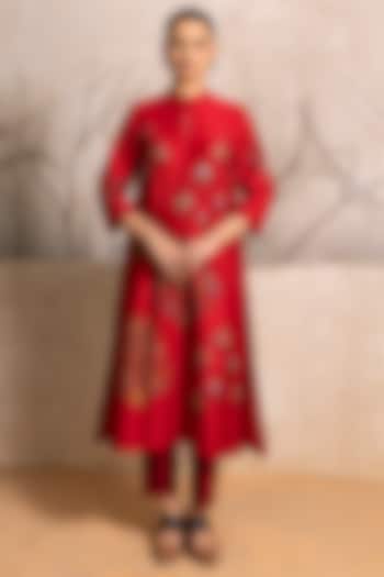 Bright Red Silk Chanderi Digital Printed Tunic Set by Haute Mess at Pernia's Pop Up Shop