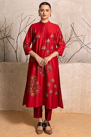 Bright Red Silk Chanderi Digital Printed Tunic Set by Haute Mess