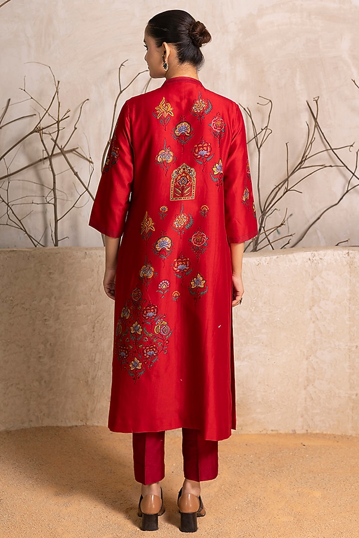 Bright Red Silk Chanderi Digital Printed Tunic Set by Haute Mess at Pernia's Pop Up Shop