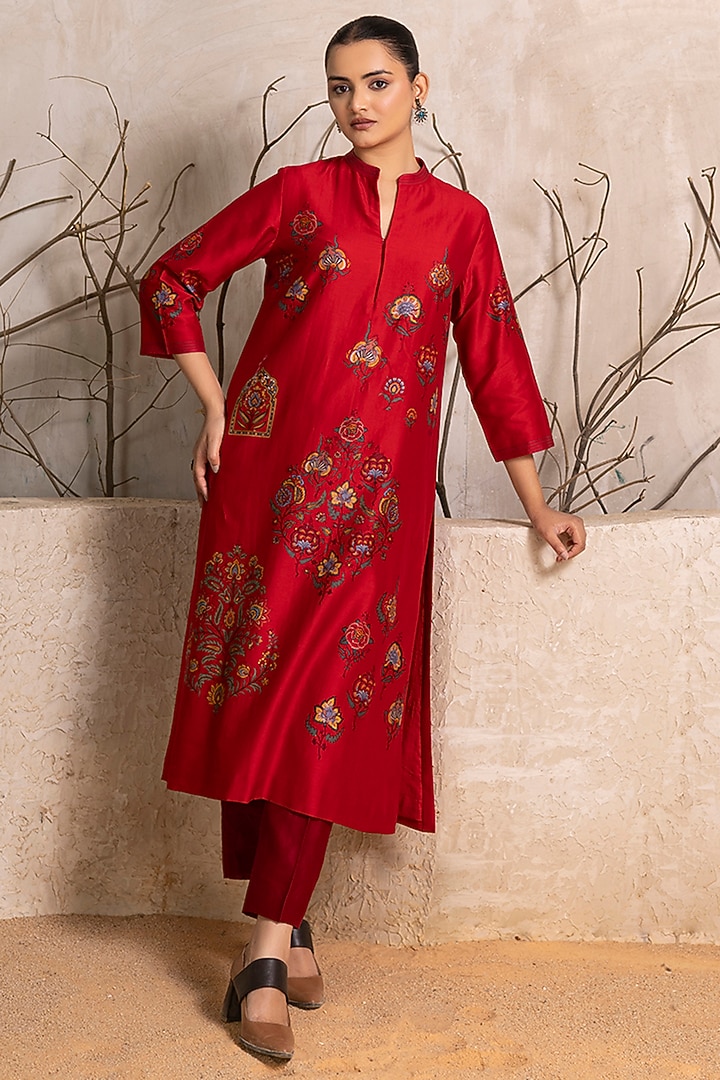 Bright Red Silk Chanderi Digital Printed Tunic Set by Haute Mess at Pernia's Pop Up Shop