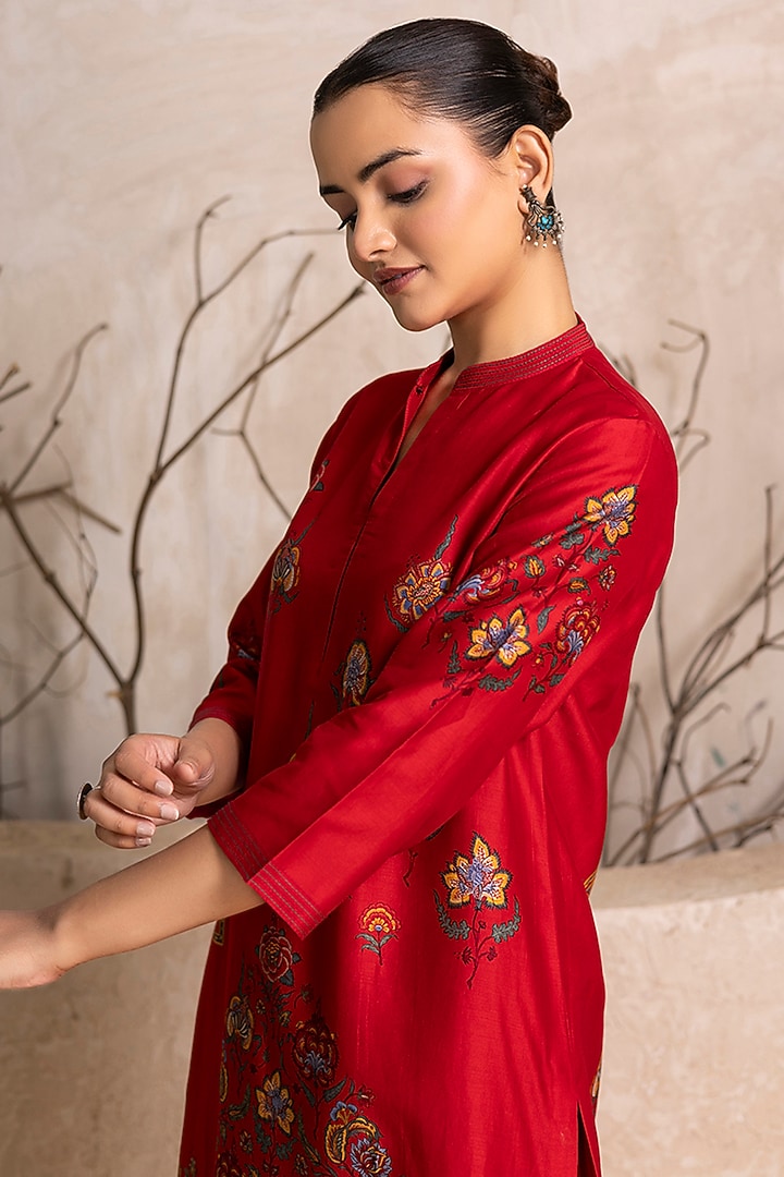 Bright Red Silk Chanderi Digital Printed Tunic Set by Haute Mess at Pernia's Pop Up Shop