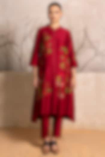 Red Silk Chanderi Floral Digital Printed Tunic Set by Haute Mess at Pernia's Pop Up Shop