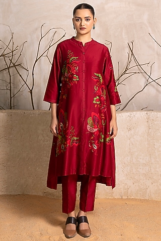 Red Silk Chanderi Floral Digital Printed Tunic Set by Haute Mess