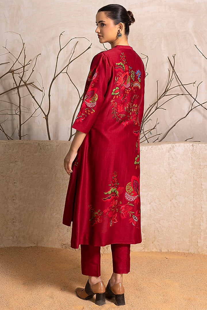 Red Silk Chanderi Floral Digital Printed Tunic Set by Haute Mess at Pernia's Pop Up Shop