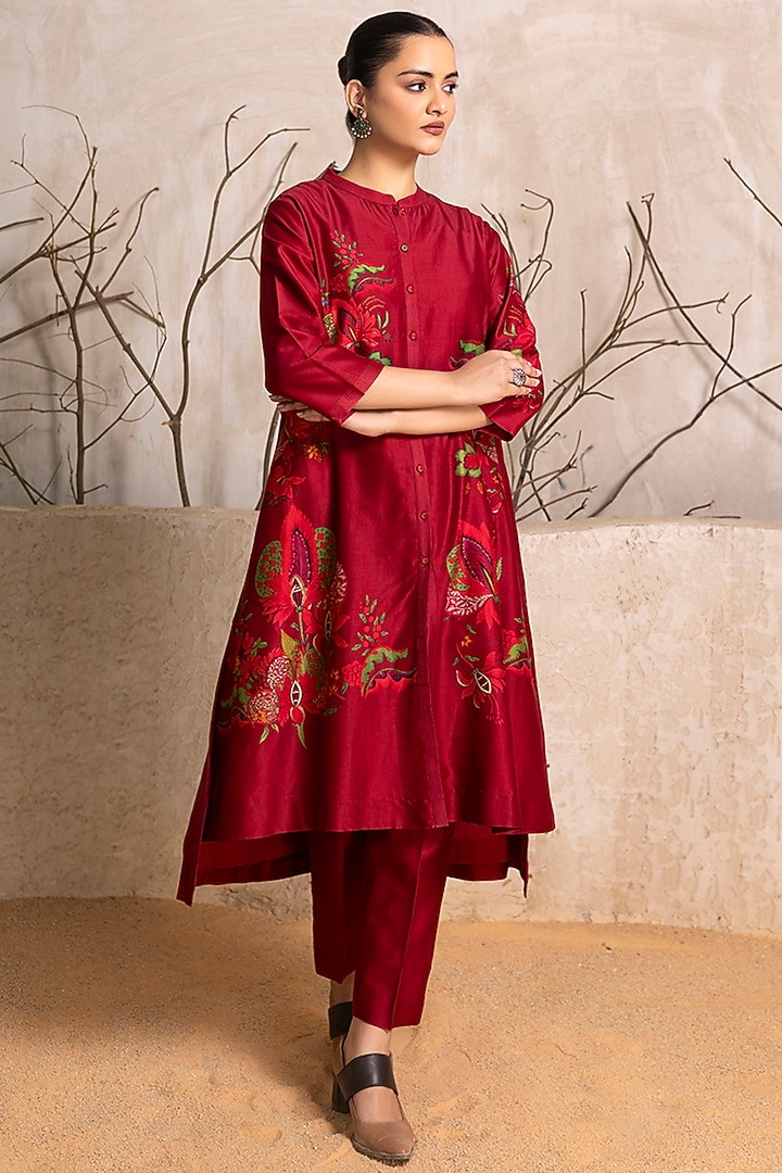 Red Silk Chanderi Floral Digital Printed Tunic Set by Haute Mess at Pernia's Pop Up Shop