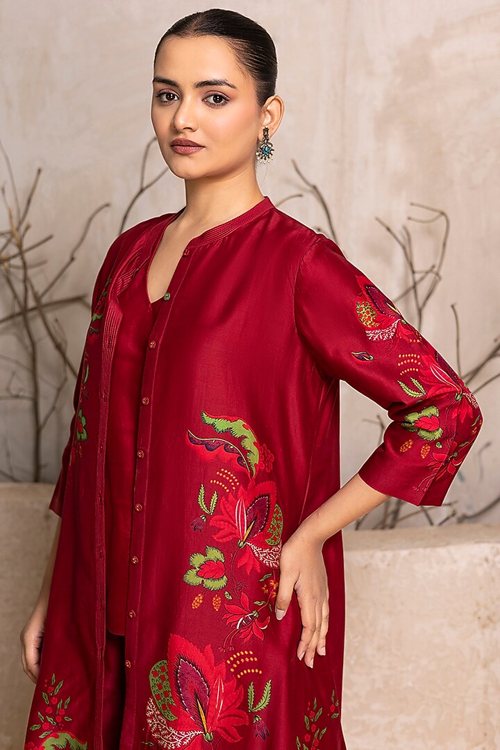 Red Silk Chanderi Floral Digital Printed Tunic Set by Haute Mess at Pernia's Pop Up Shop