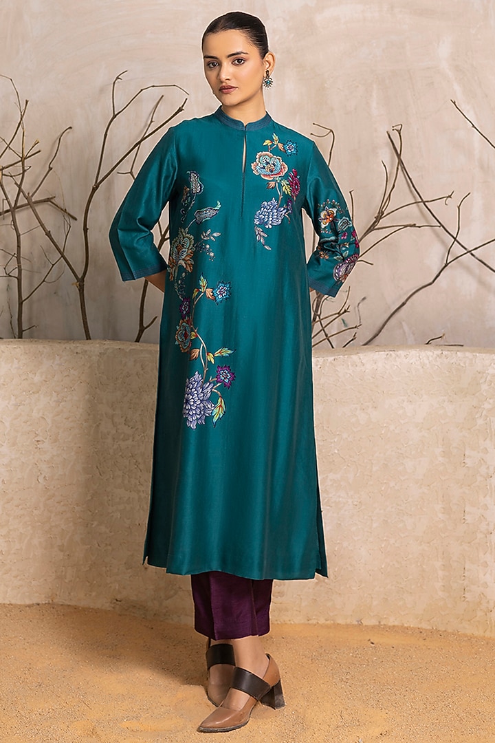 Emerald Silk Chanderi Floral Digital Printed Tunic Set by Haute Mess at Pernia's Pop Up Shop