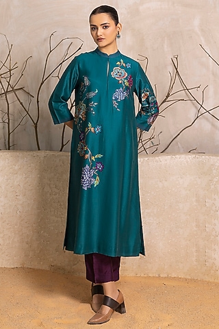 Emerald Silk Chanderi Floral Digital Printed Tunic Set by Haute Mess