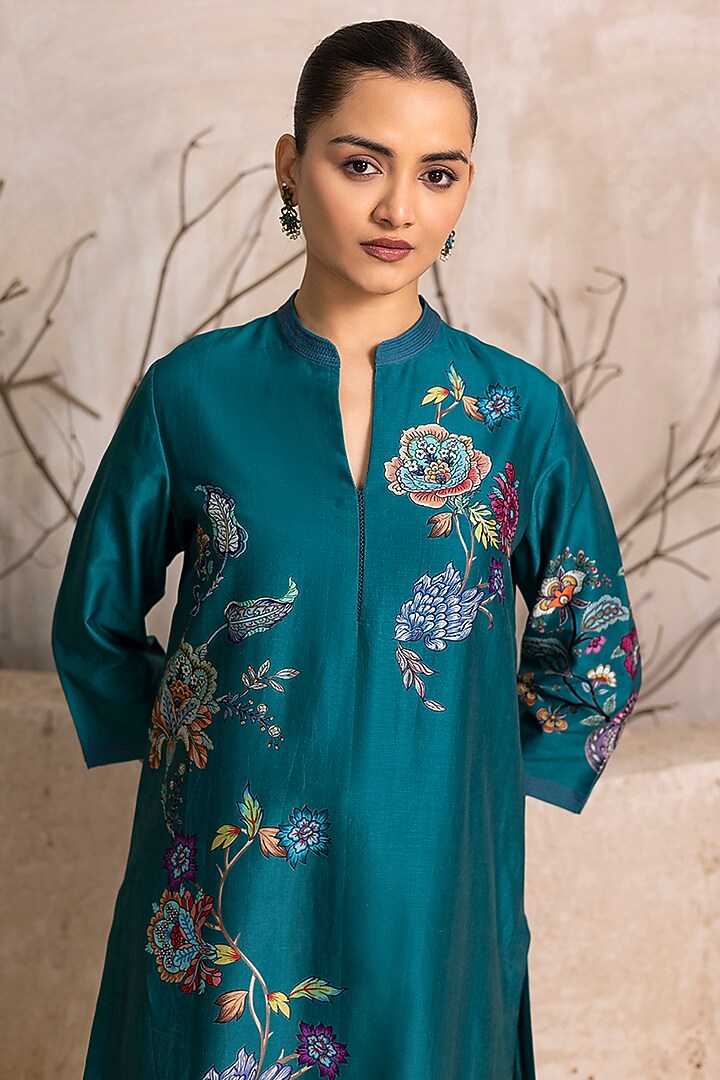 Emerald Silk Chanderi Floral Digital Printed Tunic Set by Haute Mess at Pernia's Pop Up Shop