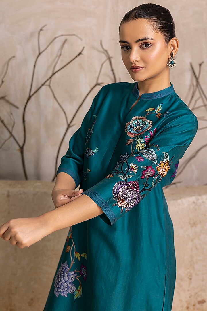 Emerald Silk Chanderi Floral Digital Printed Tunic Set by Haute Mess at Pernia's Pop Up Shop