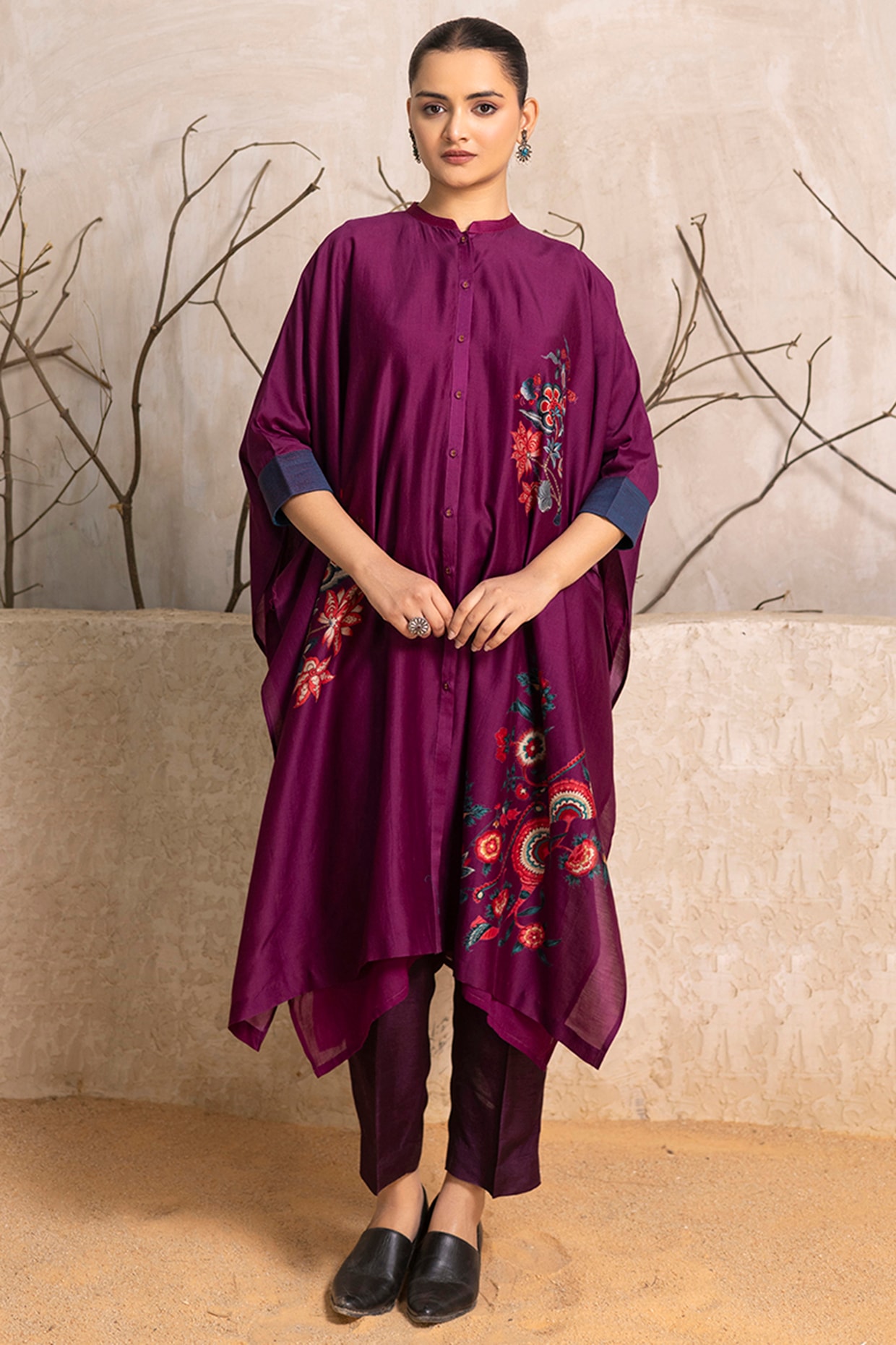 Haute Mess Wine Silk Chanderi Digital Printed Kaftan Set