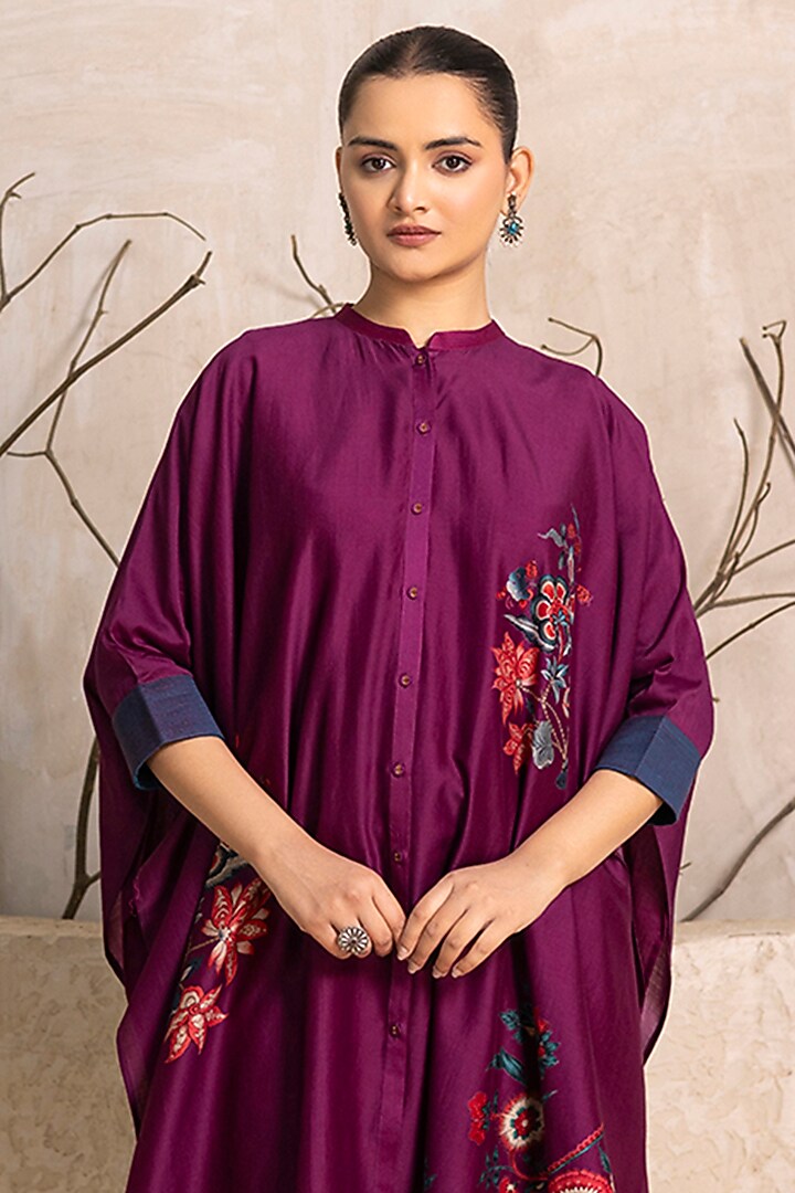 Wine Silk Chanderi Digital Printed Kaftan Set by Haute Mess at Pernia's Pop Up Shop